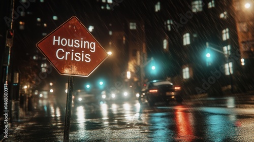 Urban housing crisis sign at night