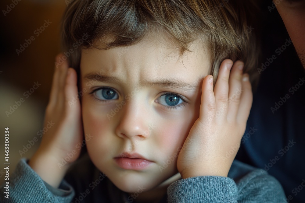 Worried young boy holding his face. Worried young boy holding his face.