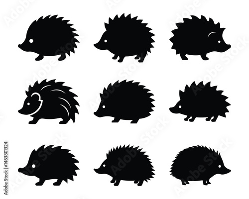 Collection of minimalist black hedgehog silhouettes in various poses on a clean white background