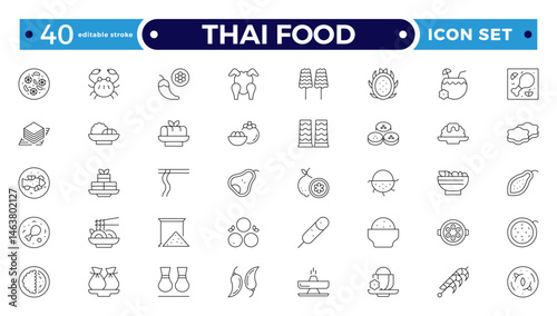 Thai food outline icon set. Included the icons as dumplings, skewer, sausage, grilled chicken wings, asian style, fruit bowl, pad thai and more. Editable stroke outline icon.
