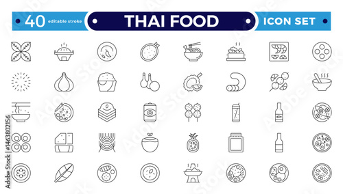 Thai food outline icon set. Included the icons as dumplings, skewer, sausage, grilled chicken wings, asian style, fruit bowl, pad thai and more. Editable stroke outline icon.

