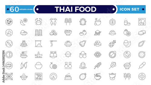 Thai food outline icon set. Included the icons as dumplings, skewer, sausage, grilled chicken wings, asian style, fruit bowl, pad thai and more. Editable stroke outline icon.
