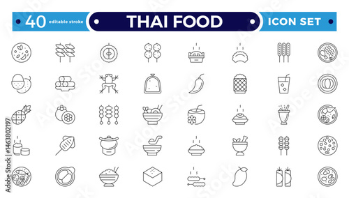 Thai food outline icon set. Included the icons as dumplings, skewer, sausage, grilled chicken wings, asian style, fruit bowl, pad thai and more. Editable stroke outline icon.

