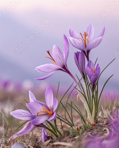 Wallpaper Mural Delicate purple saffron flowers growing in a field with soft, pastel-colored background Torontodigital.ca