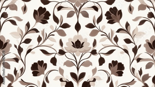 Elegant floral pattern with intricate brown and beige designs on a soft background