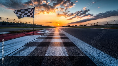 Checkered finish line at sunset on a race track.