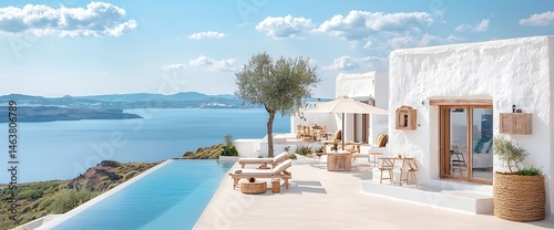 Luxury Greek villa with infinity pool, olive tree, ocean view, and sunny outdoor seating