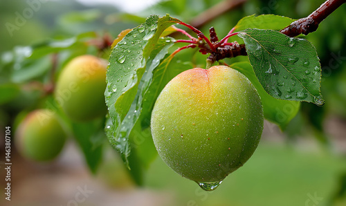 Branch of unripe plums glistening after rain