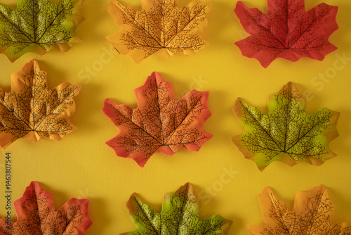 Fallen leaves of yellow, red, green and orange decorate a yellow tablecloth