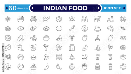 Indian Food Doddle icon Set, Line art for delicacy clip-art, Sweet and Salty Dishes icon set. Editable stroke outline icon.
