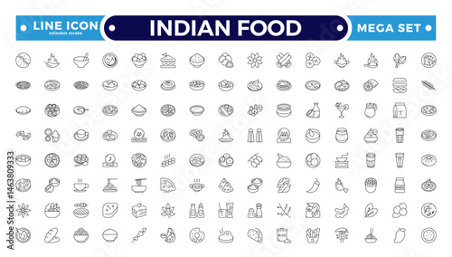Indian Food Doddle icon Set, Line art for delicacy clip-art, Sweet and Salty Dishes icon set. Editable stroke outline icon.
