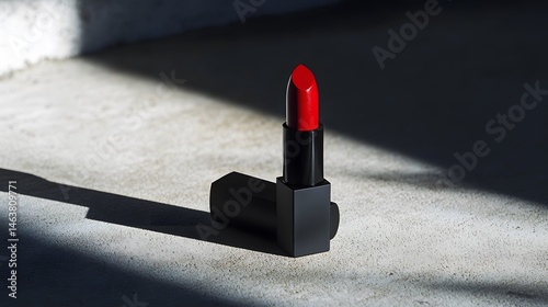 Stylish red lipstick product presentation on a concrete surface.