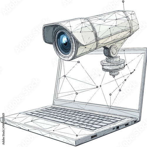 Low poly 3d security camera emerging from laptop screen concept digital surveillance monitoring technology network privacy protection