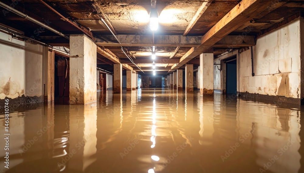 Fototapeta premium A flooded basement with murky water reflecting overhead lights, showing signs of water damage and neglect in an industrial setting