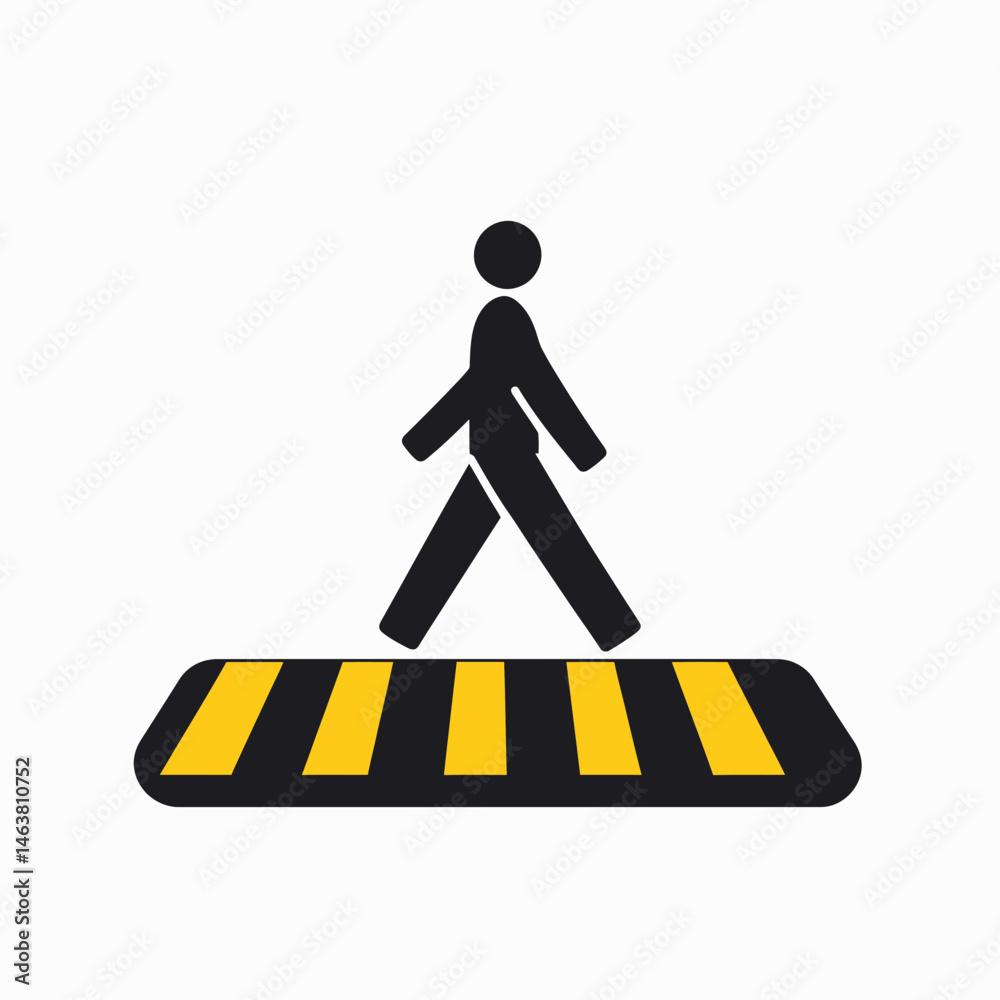 Minimalist pedestrian walking icon on black and yellow zebra crossing symbol for road safety and traffic signage design vector illustration Minimalist pedestrian walking icon on black and yellow zebra crossing symbol for road safety and traffic signage design vector illustration