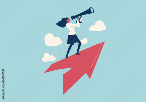 Businesswoman standing on red upward arrow flying in sky holding telescope visionary leadership and future growth concept vector illustration