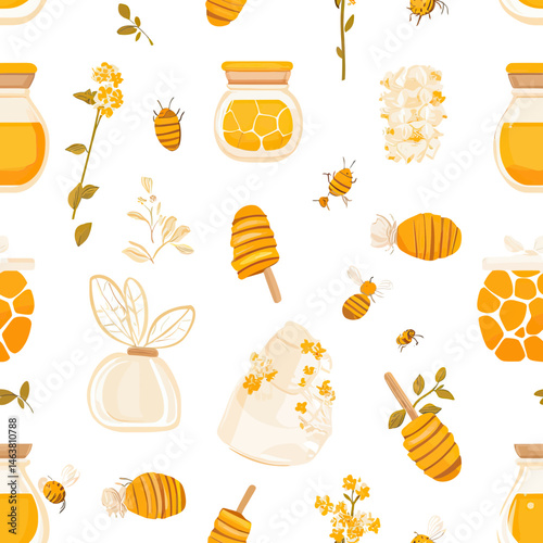 Seamless honey pattern with honey jars, honey dipper sticks, honeycombs, bees, flowers, and honey sticks in flat minimalist vector style on white background
