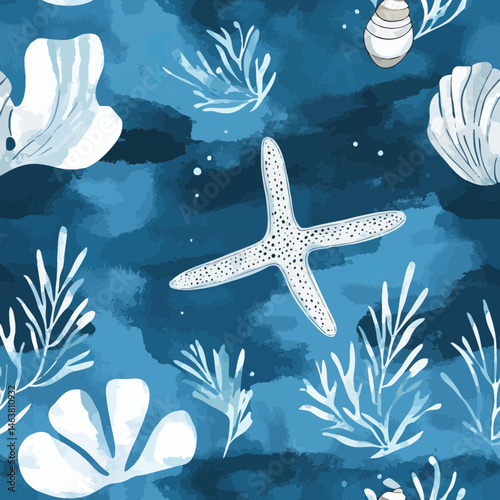 Seamless underwater marine pattern with starfish seashells coral and seaweed on blue textured watercolor background for textile wallpaper and wrapping design