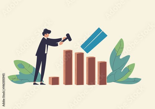 Businessman using hammer to prevent falling blue domino piece in row of brown blocks with green leaves background flat vector concept of risk management and crisis prevention strategy illustration