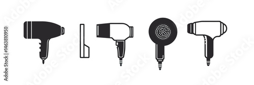 Hair dryer line icons set with front, side, and back views showing minimalist black silhouette hair styling tool vector illustrations on white background for beauty concept usage