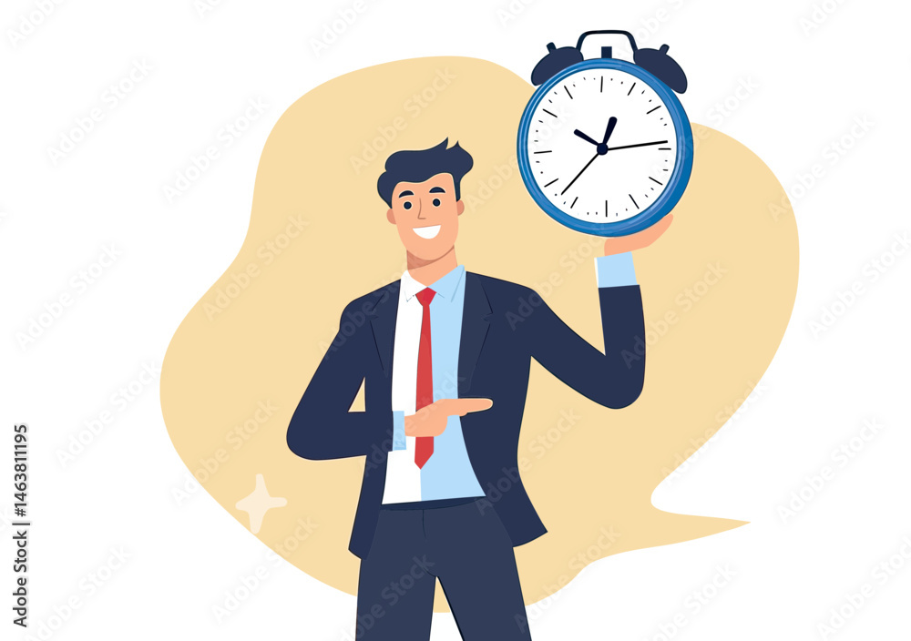 Smiling businessman in suit holding large alarm clock pointing at time punctuality concept flat vector illustration Smiling businessman in suit holding large alarm clock pointing at time punctuality concept flat vector illustration