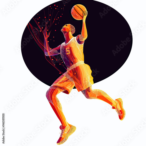 Abstract vector illustration of basketball player jumping with ball for slam dunk in dynamic motion with vibrant orange and red tones on dark background