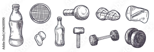 Hand drawn sketch set of sport and gym equipment including water bottles, dumbbells, tennis racket, boxing gloves, jump rope, and gym bag in minimalist style vector illustration