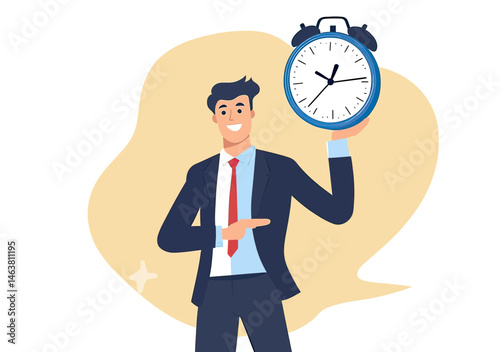 Smiling businessman in suit holding large alarm clock pointing at time punctuality concept flat vector illustration