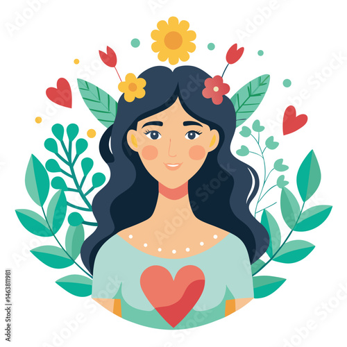 Woman with heart and flower wreath. Self-love, acceptance and care for mental health. Psychology concept. Calm emotion, trust, empathy and hope. Flat vector illustration isolated on white background
