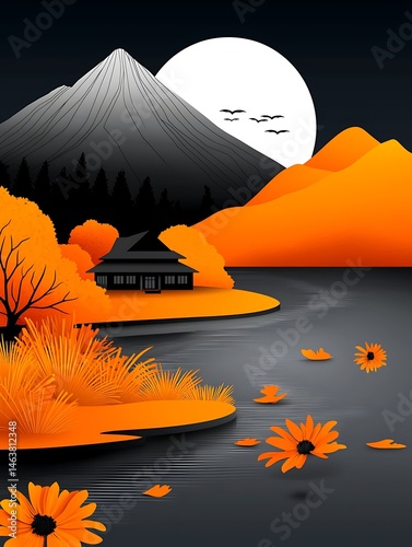 Autumnal Japanese landscape with a stylized mountain, house, and lake  Crisp colors and flat design