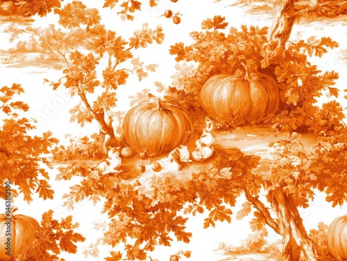 Autumnal Orange Pumpkin Harvest Scene Seamless Pattern Design with Pumpkins Trees and Bunnies
