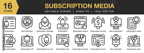 Subscription Media icon set. Editable Stroke Icon Collection. Includes subscription, media, web, social, online, internet, and More. Outline icons vector collection