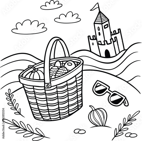 Vector illustration of a vintage castle tower on a sandy beach, a silhouette against the sea, evoking travel and old architecture