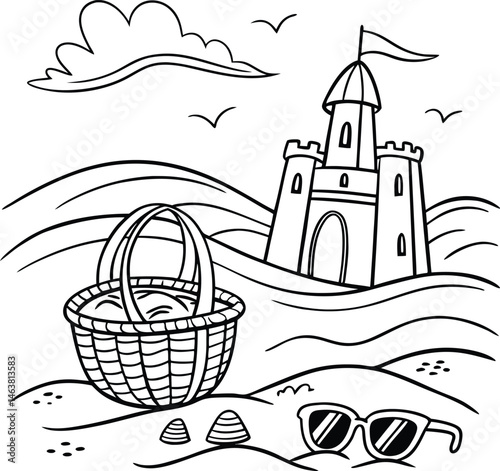 Vector illustration of a vintage castle tower on a sandy beach, a silhouette against the sea, evoking travel and old architecture
