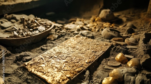 Discovery of ancient treasure trove with gold artifacts and coins in a dusty archaeological site photo