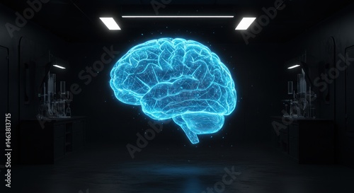 Glowing blue brain hologram in a dark futuristic room with reflective surfaces.