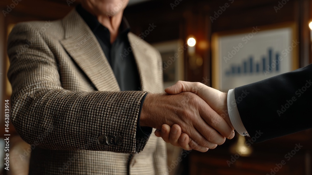 A small business owner shakes hands with a financier in a cozy office environment, with business charts visible in the background. They demonstrated their successful cooperative relationship.