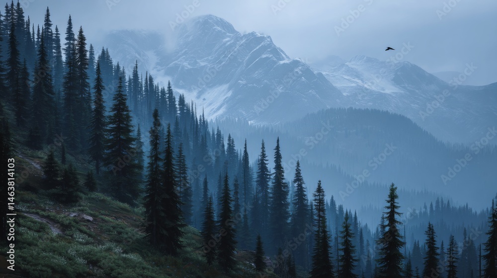 Fototapeta premium Misty Mountain Landscape with Pine Trees and Snow-Capped Peaks Under Cloudy Sky