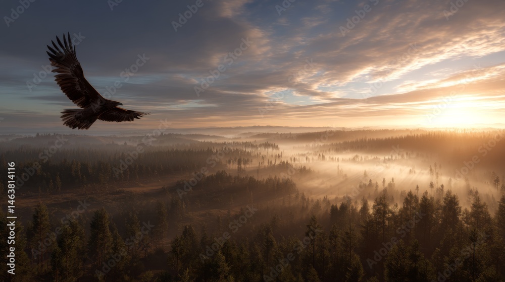 Fototapeta premium Majestic Eagle Soaring Over Misty Forest Landscape During Golden Hour at Dawn with Vibrant Sky and Rolling Fog