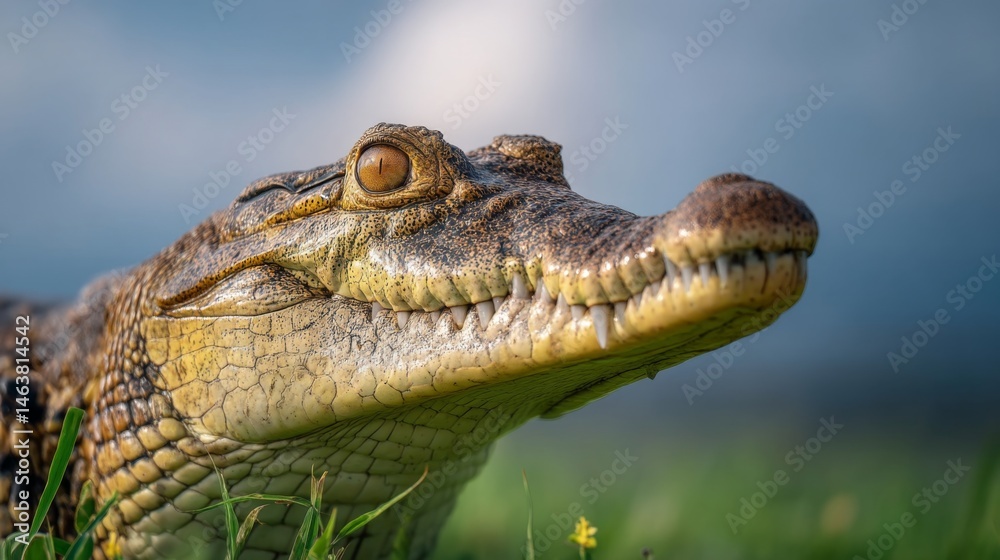 Fototapeta premium Close-up View of a Crocodile Featuring Its Detailed Textured Skin and Sharp Teeth Against a Soft Blurred Background