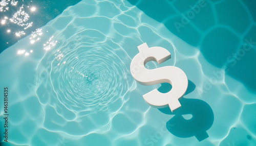 3D dollar symbol floating in water with ripples, concept of finance