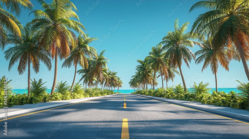 Road lined in Palm Trees,coastal boulevard lined with tall palms on the beach,Beach paradise,Summer beach vibes,Holliday road trip by vehicle. Road lined in Palm Trees,coastal boulevard lined with tall palms on the beach,Beach paradise,Summer beach vibes,Holliday road trip by vehicle.