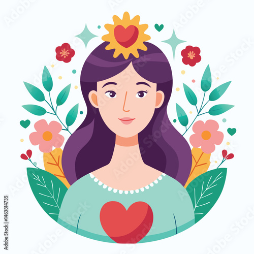 Woman with heart and flower wreath. Self-love, acceptance and care for mental health. Psychology concept. Calm emotion, trust, empathy and hope. Flat vector illustration isolated on white background