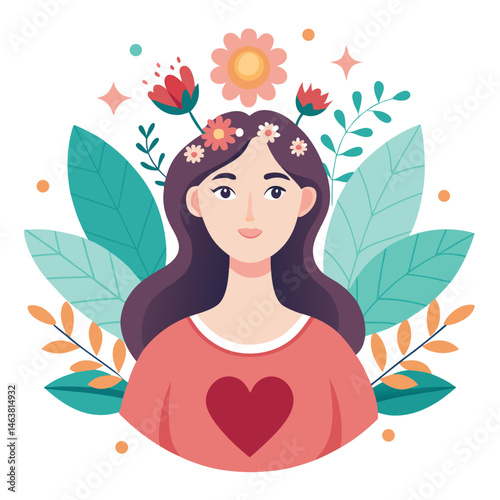 Woman with heart and flower wreath. Self-love, acceptance and care for mental health. Psychology concept. Calm emotion, trust, empathy and hope. Flat vector illustration isolated on white background