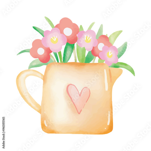 Watercolor floral bouquet in a yellow pitcher with a heart in isolated background