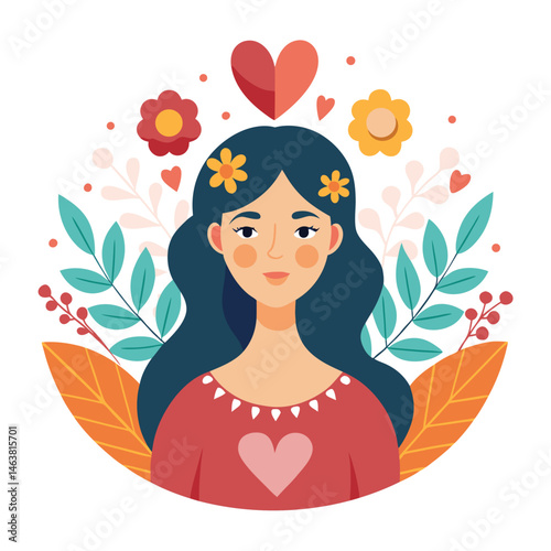 Woman with heart and flower wreath. Self-love, acceptance and care for mental health. Psychology concept. Calm emotion, trust, empathy and hope. Flat vector illustration isolated on white background