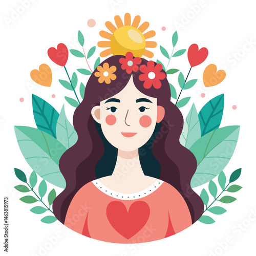 Woman with heart and flower wreath. Self-love, acceptance and care for mental health. Psychology concept. Calm emotion, trust, empathy and hope. Flat vector illustration isolated on white background