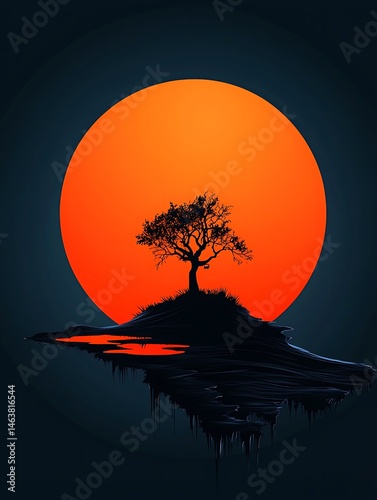 Floating island with tree, vibrant sunset