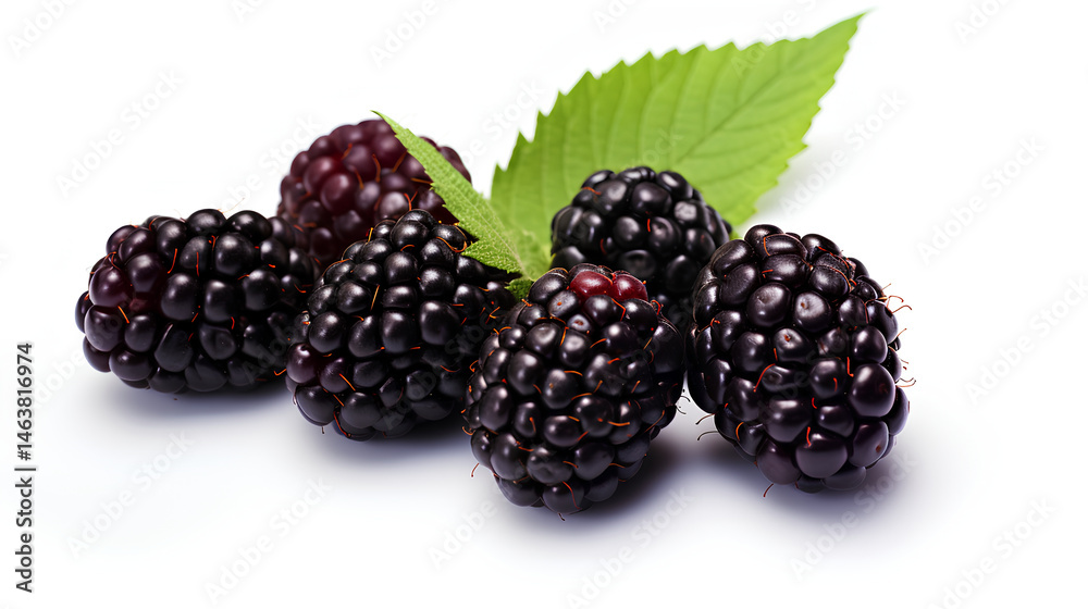 Abundance of Deep Purple Blackberries with a Fresh Green Leaf on a Bright White Surface Abundance of Deep Purple Blackberries with a Fresh Green Leaf on a Bright White Surface
