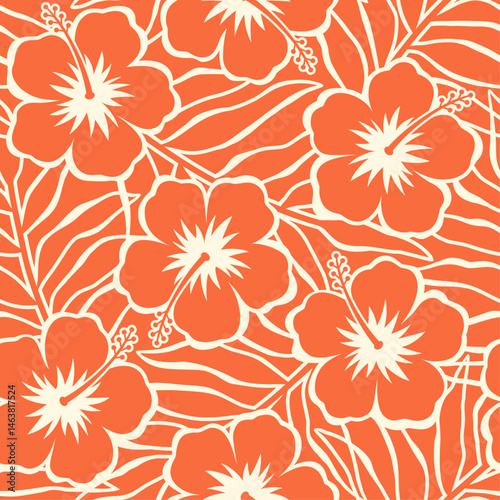 Hibiscus flower with tropical leaf seamless pattern design for summer holidays background.